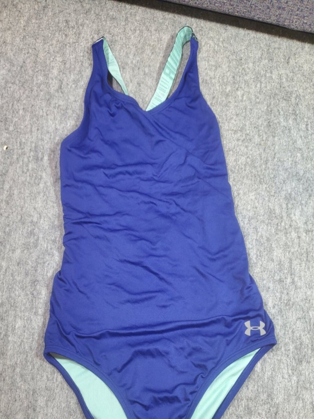Under Armour Heat Gear Racer 1 Piece Swimsuit Blue Cross Back Girls Size 16